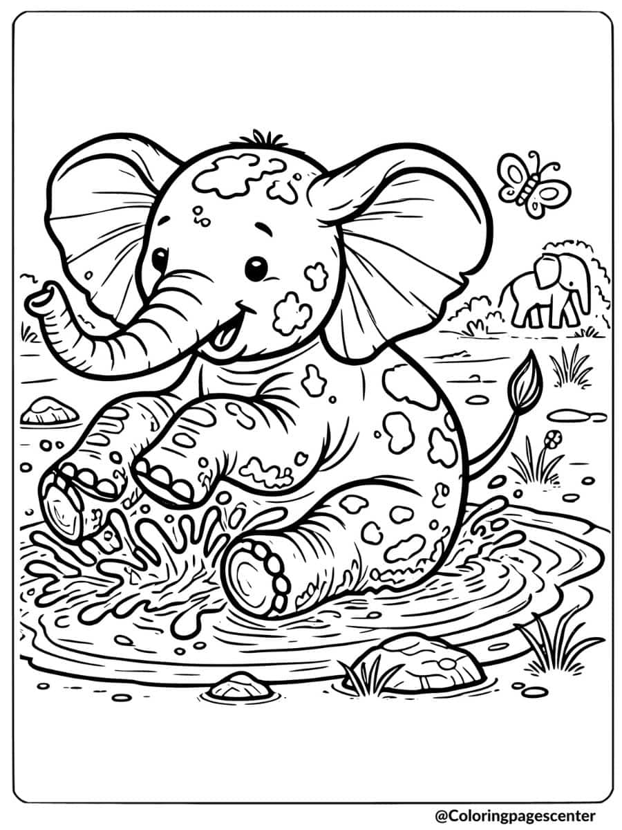 Playful elephant enjoying a waterhole coloring page