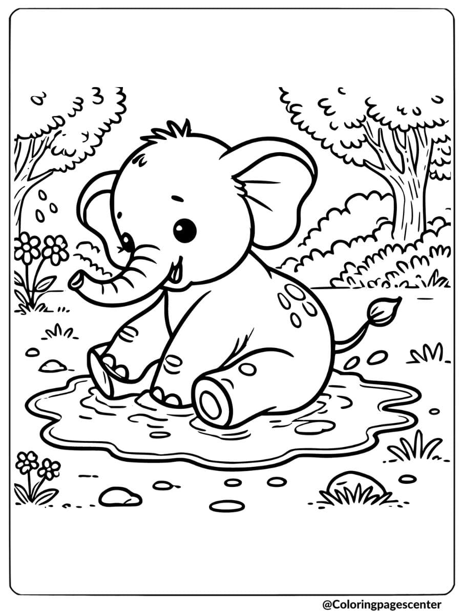 Elephant sitting and splashing in a puddle coloring page