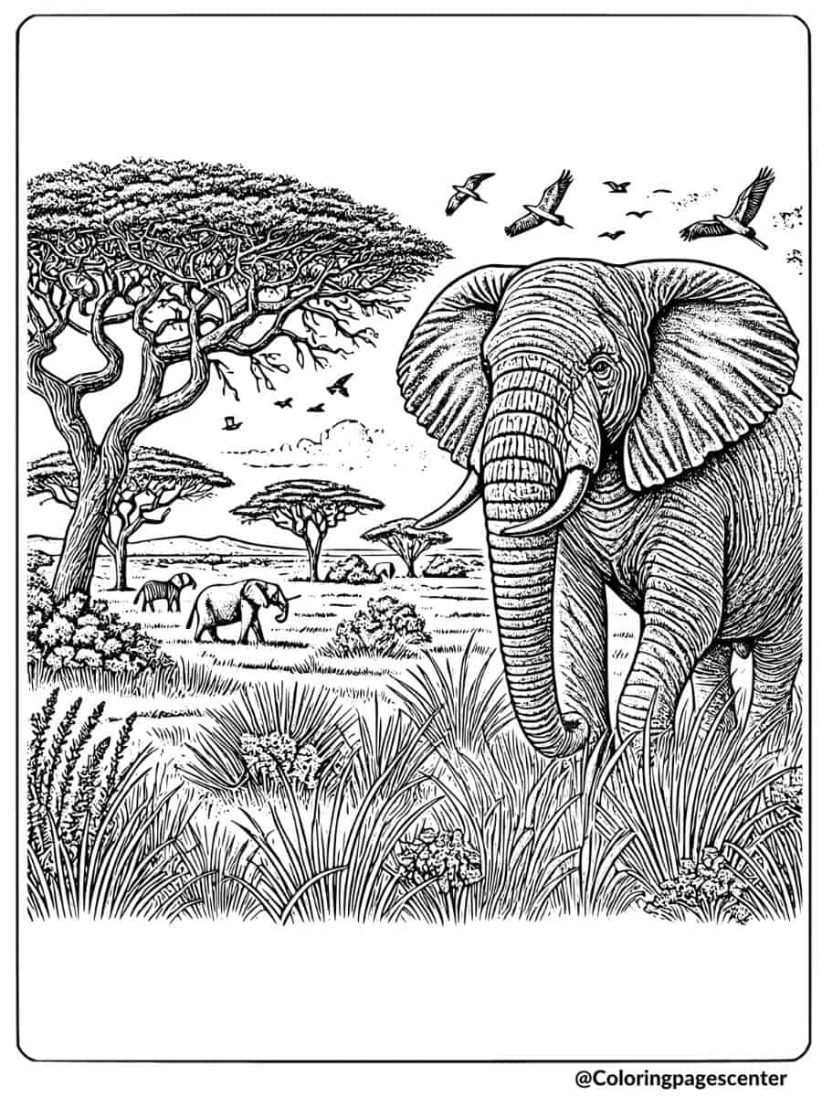 Realistic elephants in natural habitat coloring page