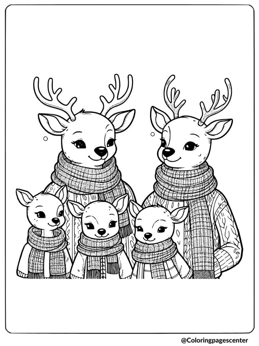 Family deer wearing scarves in winter coloring page