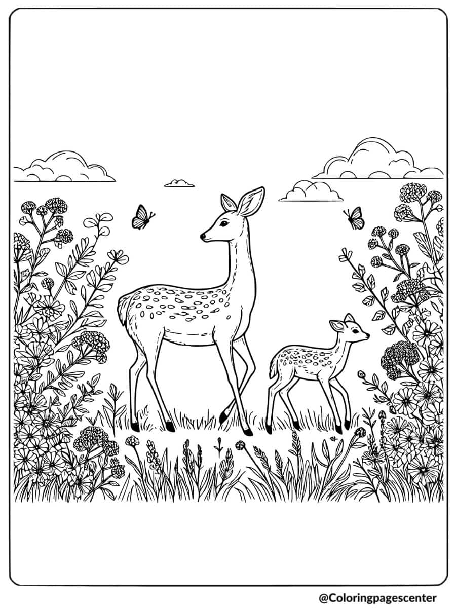 Family deer with fawn in a flower meadow coloring page