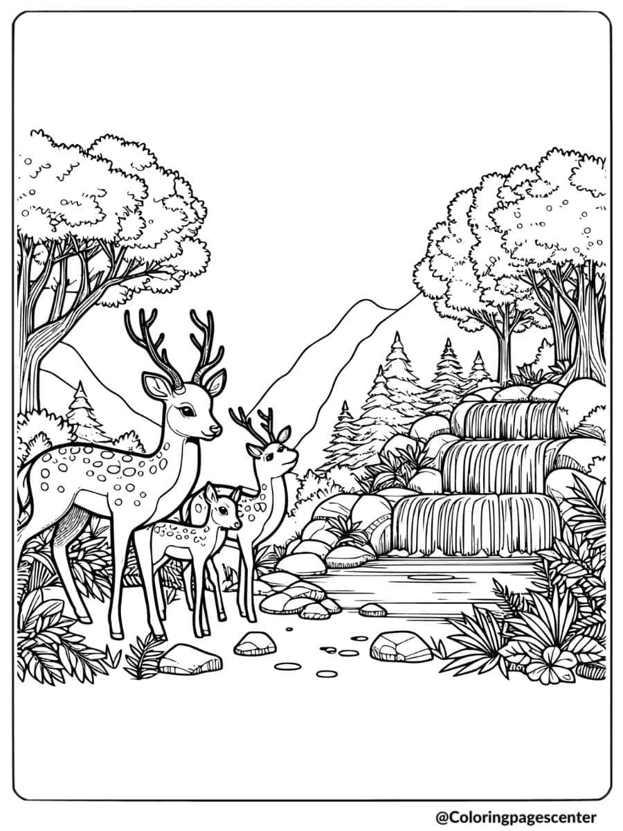 Family deer near a waterfall scene coloring page