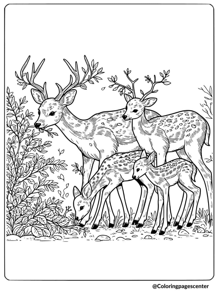 Family deer with baby in a forest coloring page