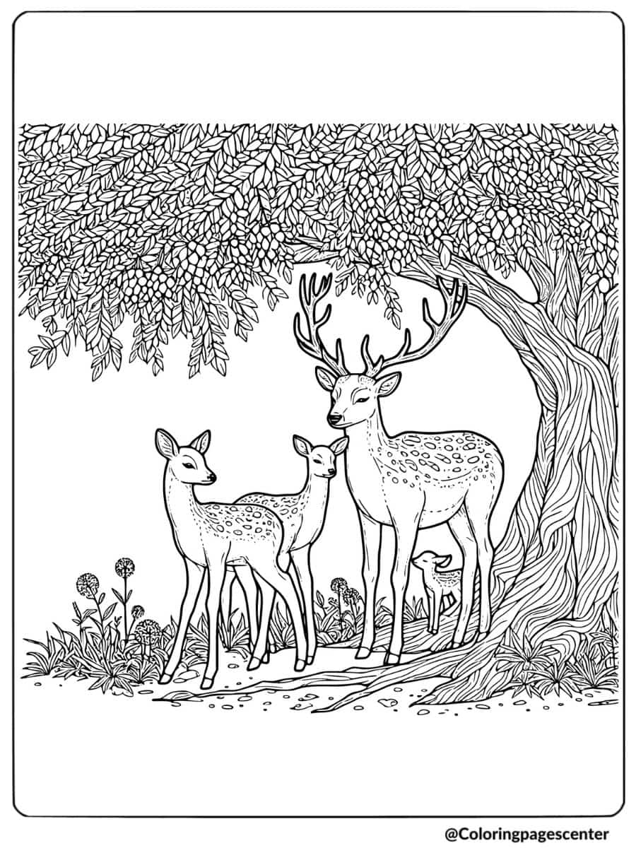 Family deer resting under a large tree coloring page