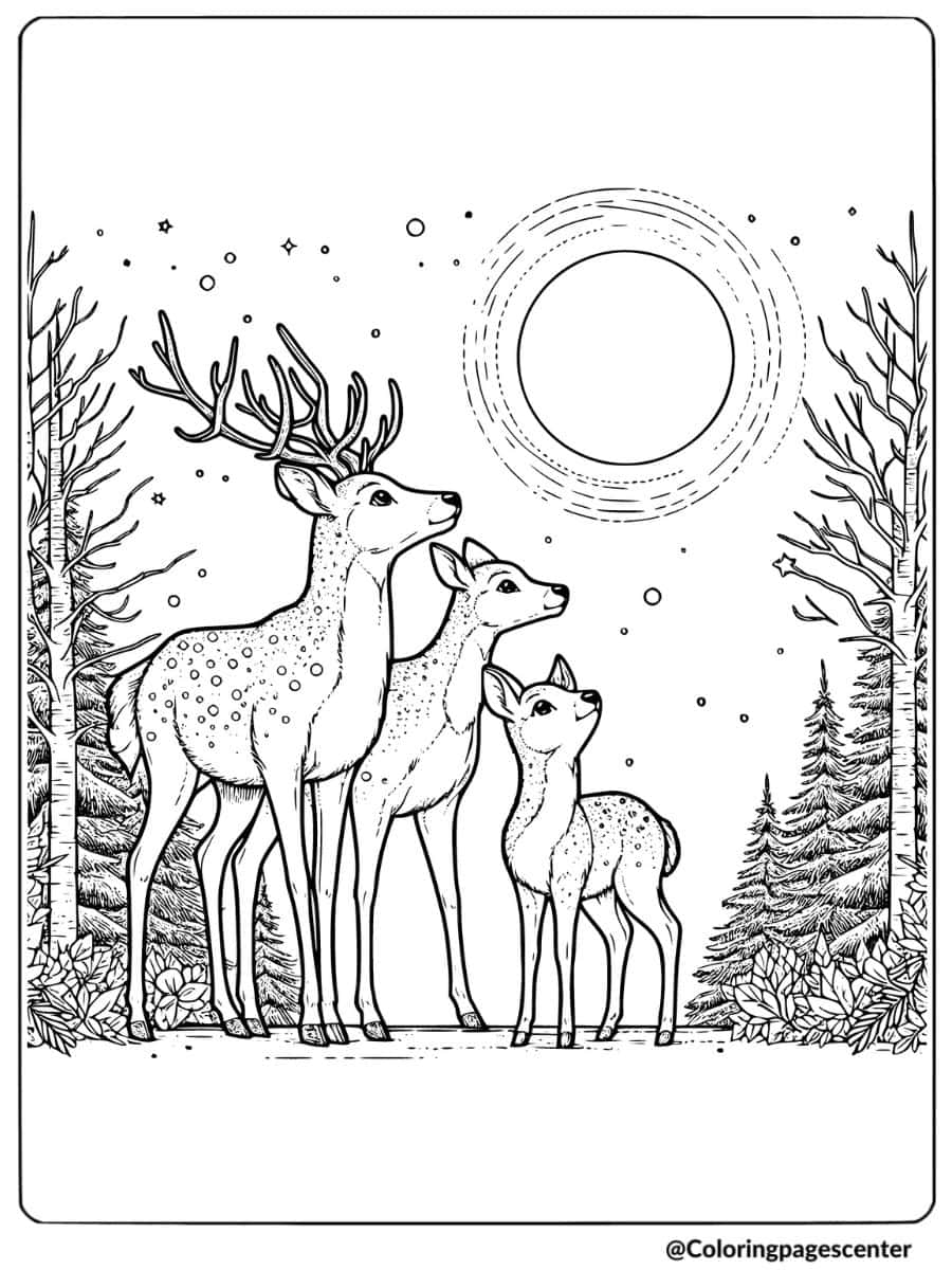 Family deer under a starry sky coloring page