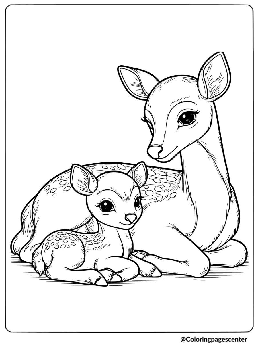 Family deer resting peacefully with fawn coloring page