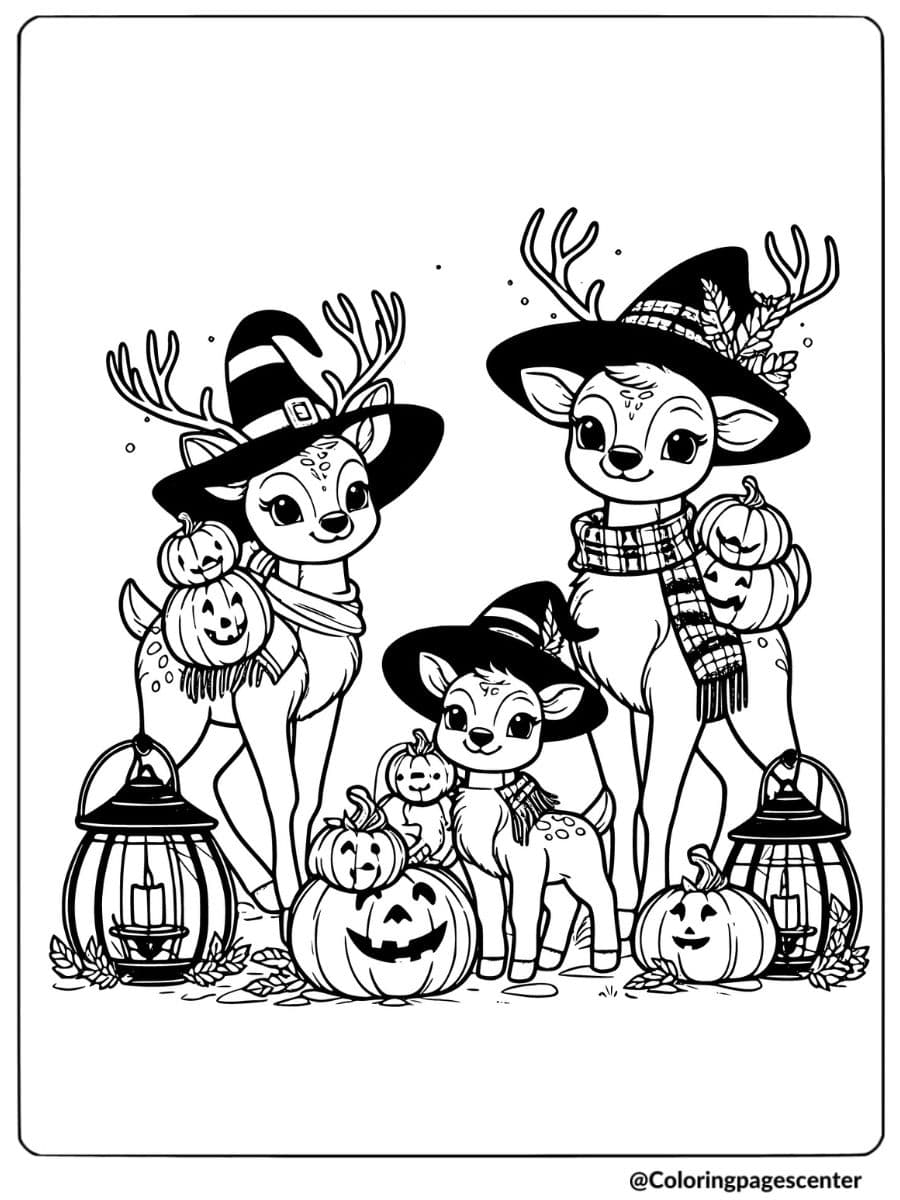 Family deer with pumpkins for Halloween coloring page