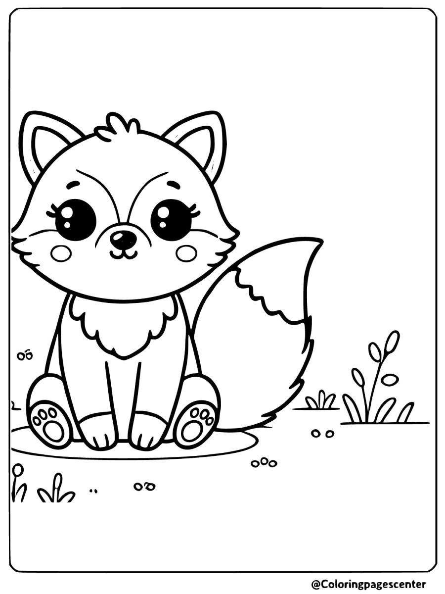 Coloring page of a fox sitting calmly on the ground