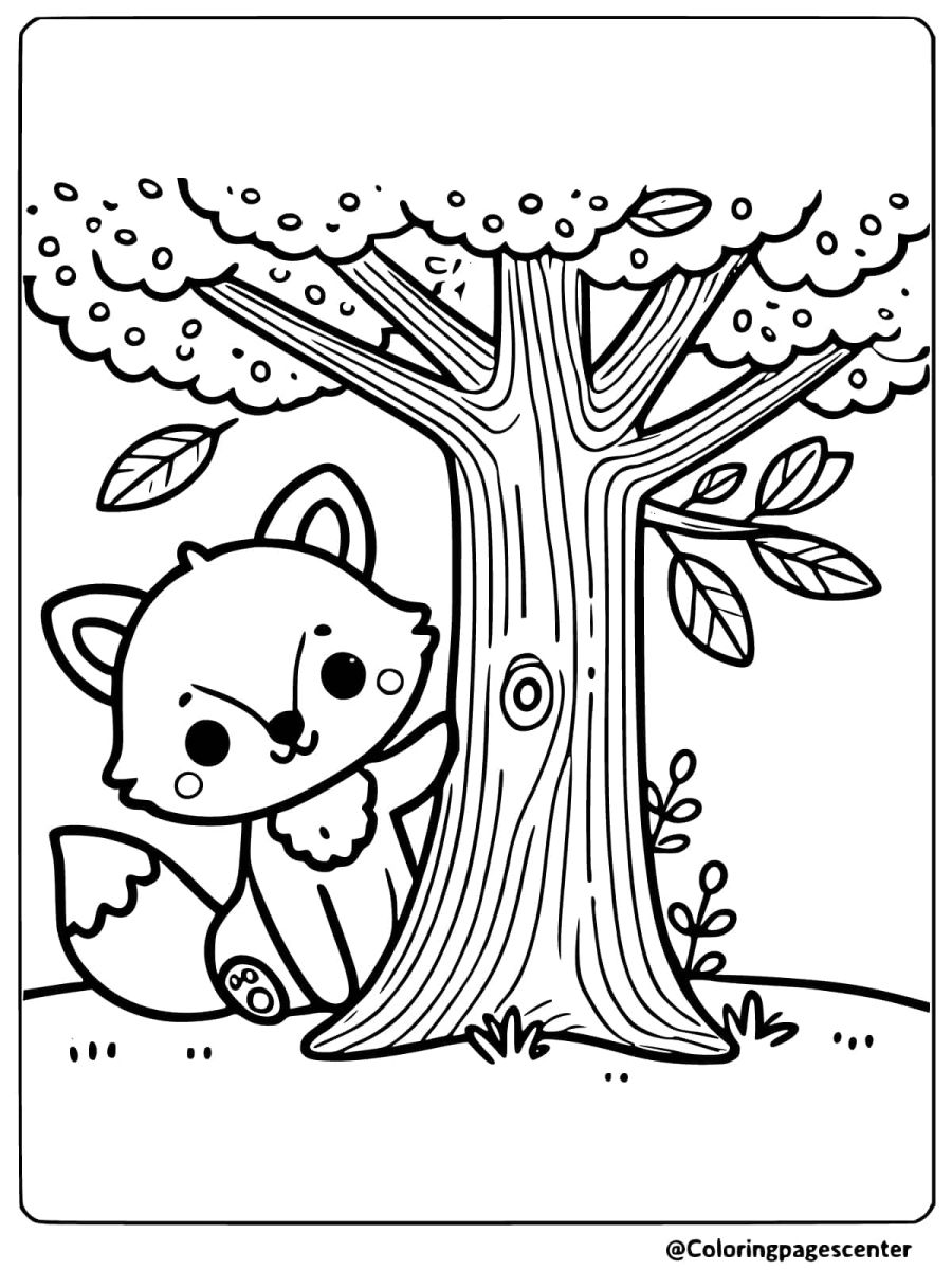 Coloring page of a fox playing hide and seek behind a tree