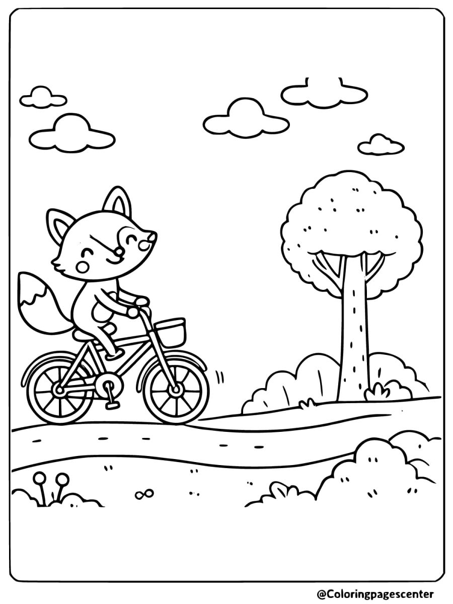 Coloring page of a fox riding a bicycle on a winding path