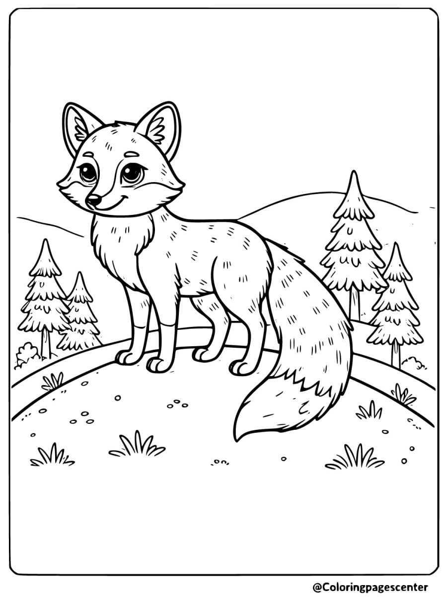 Red fox standing on a hill coloring page for kids