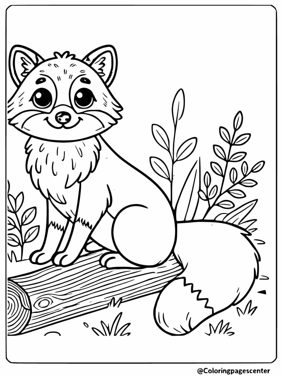 Happy red fox on a log coloring page for kids