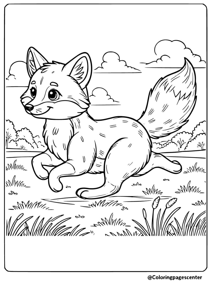 Playful red fox running in meadow coloring page