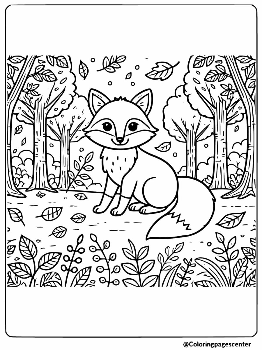 Red fox in lush forest coloring page for children