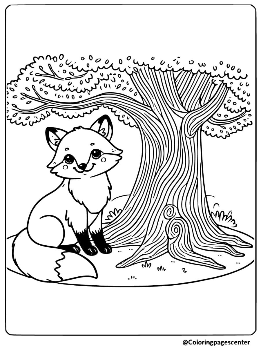 Red fox resting by a tree coloring page for children