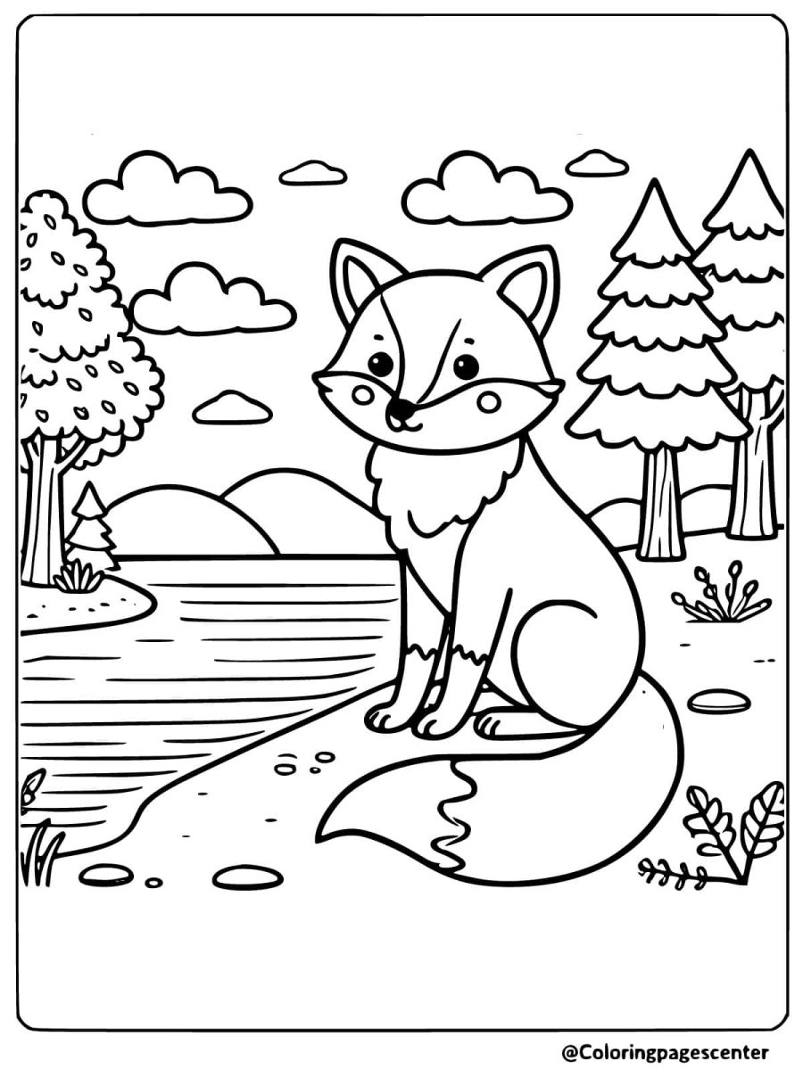 Serene red fox by the lake coloring page activity