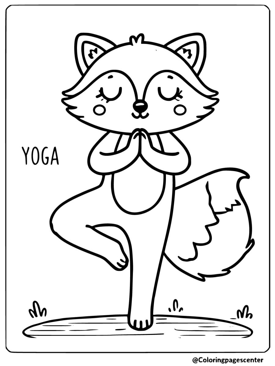 Coloring page of a fox in a yoga pose for balance