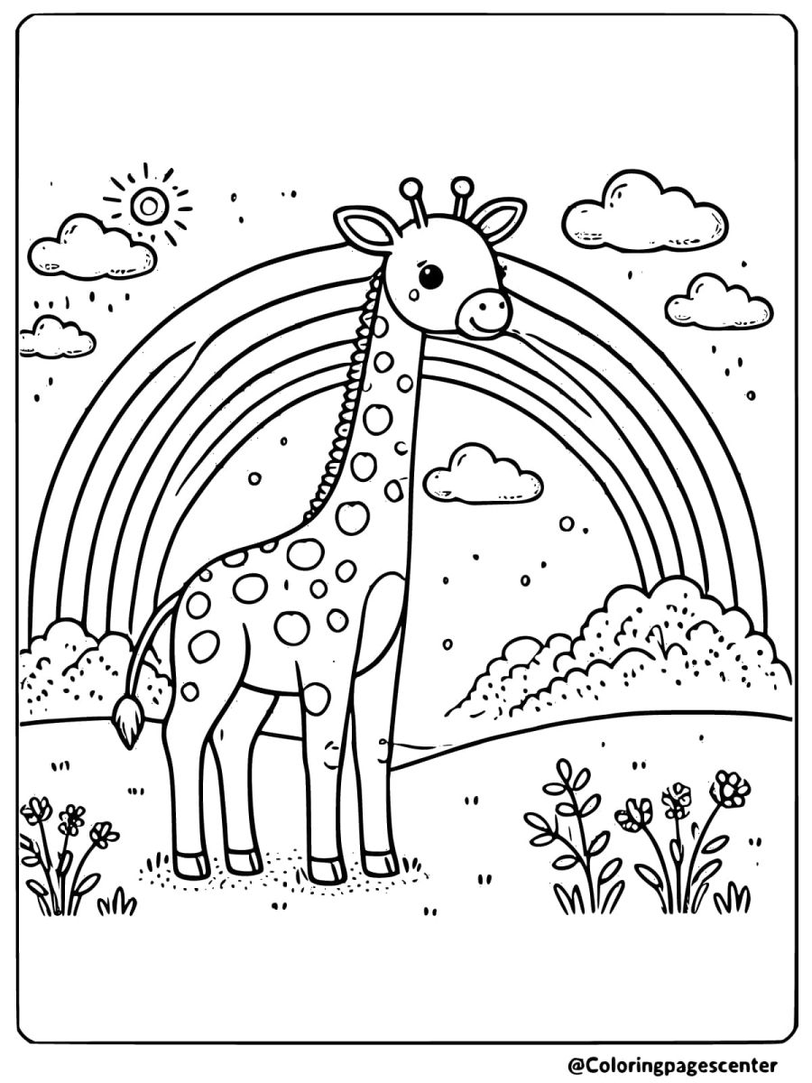 Coloring page of an adorable giraffe under a rainbow