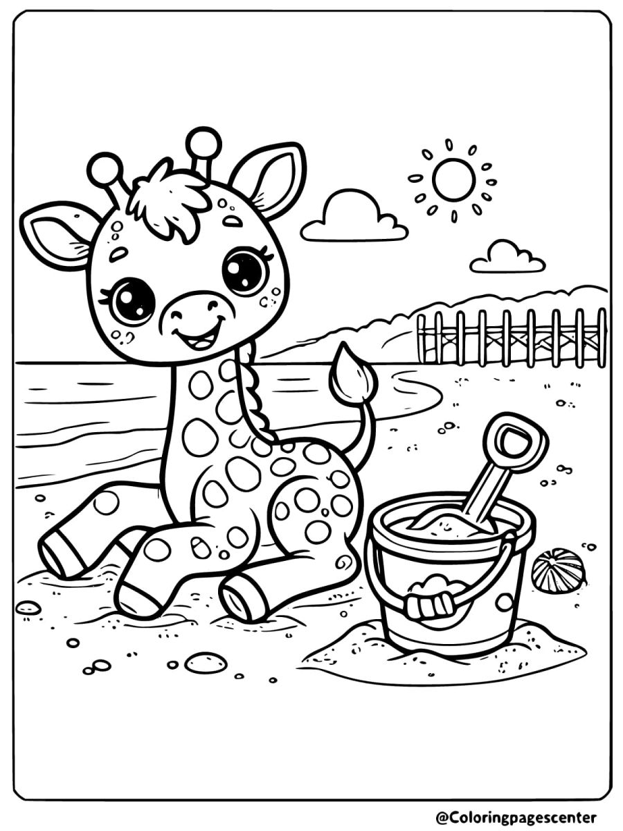 Happy baby giraffe on the beach coloring page