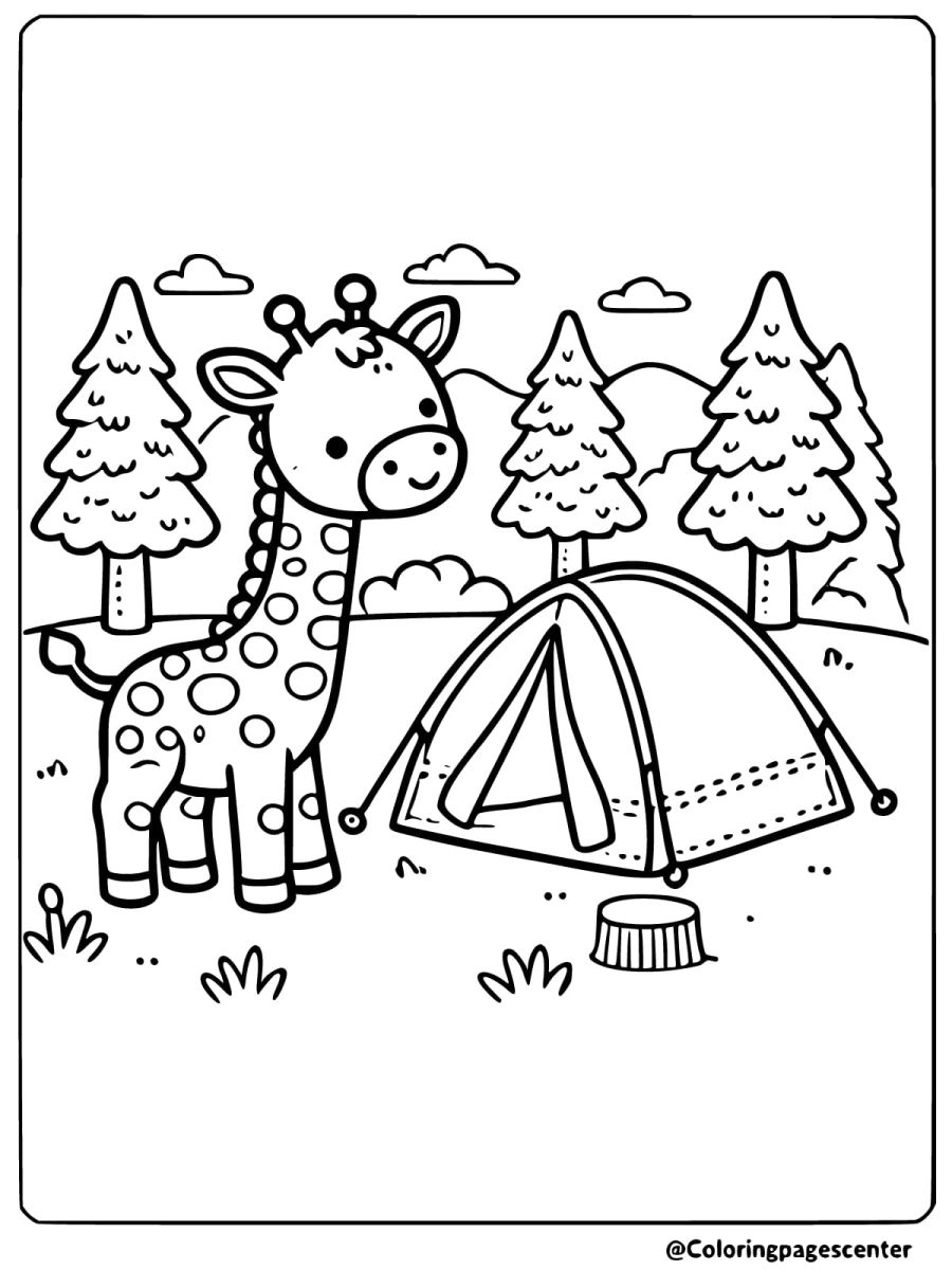 Baby giraffe near a tent coloring page