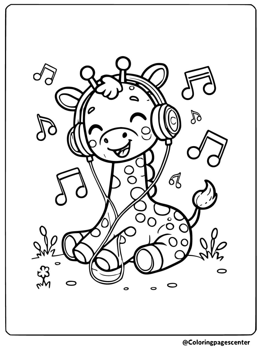 Adorable baby giraffe listening to music coloring page