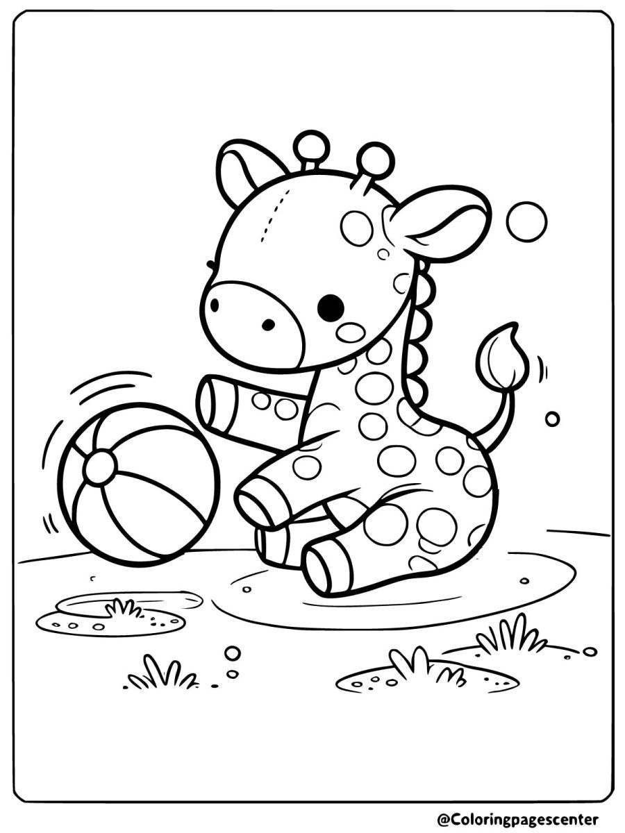 Playful baby giraffe with a ball coloring page