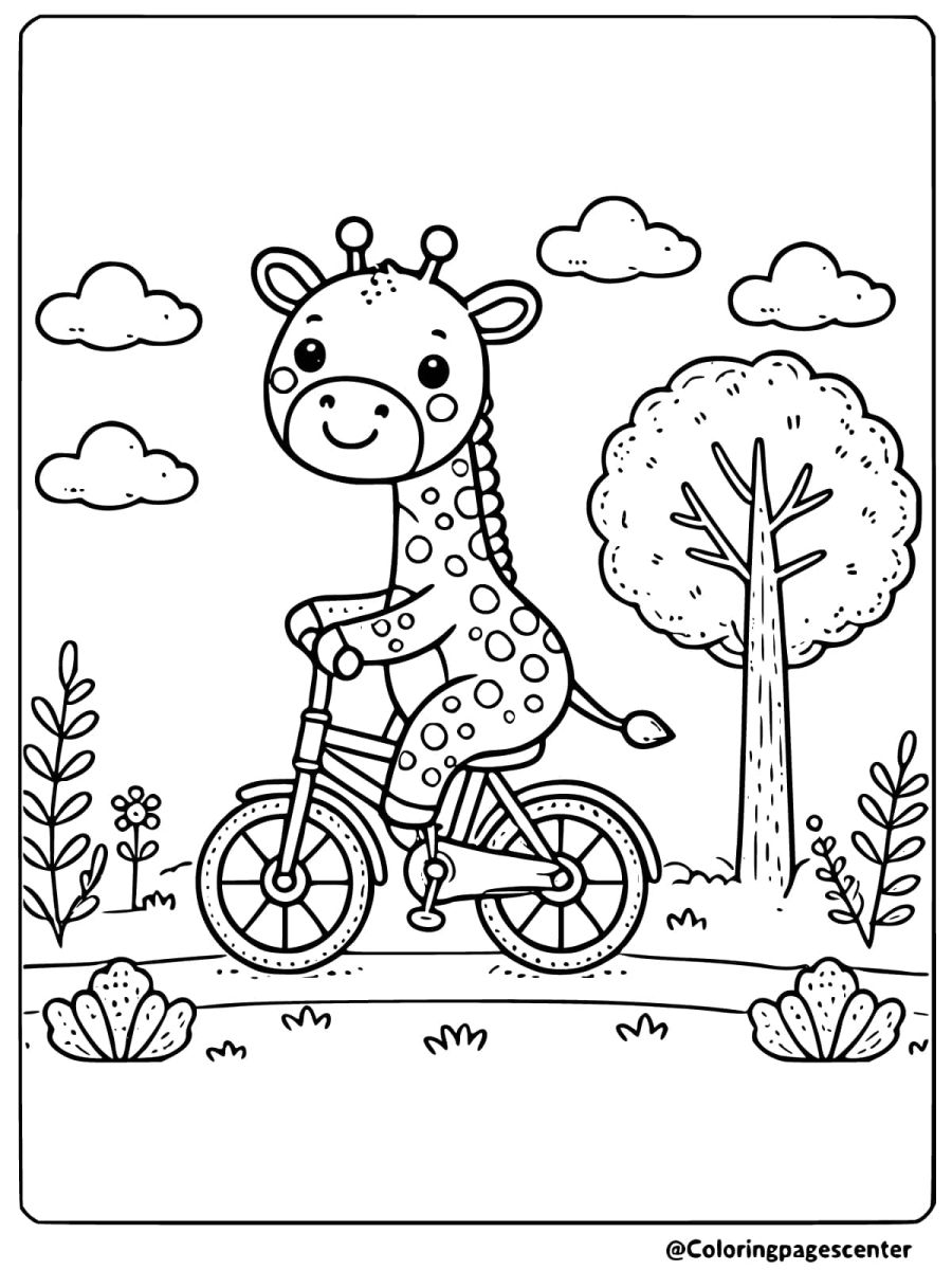 Baby giraffe on a bicycle coloring page