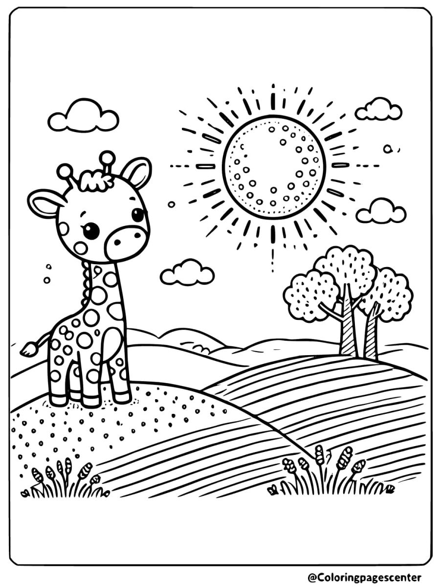 Baby giraffe in a sunny field coloring page