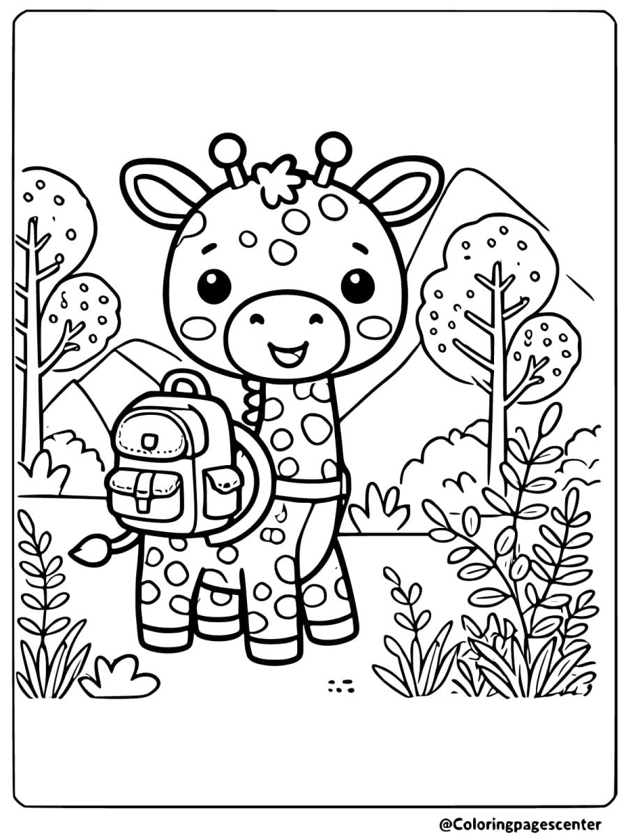 Baby giraffe hiking with a backpack coloring page