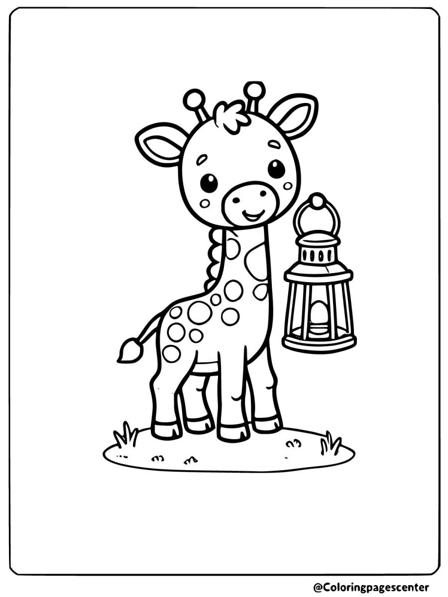 Cute baby giraffe and a lantern coloring page