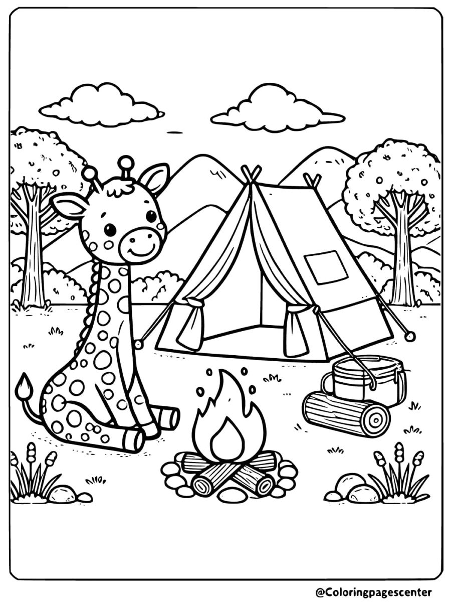 Coloring page of a giraffe camping in front of a tent