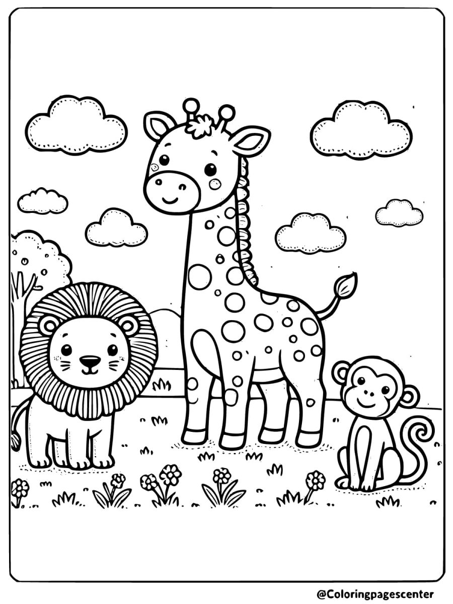 Coloring page of a cute giraffe with a lion and monkey