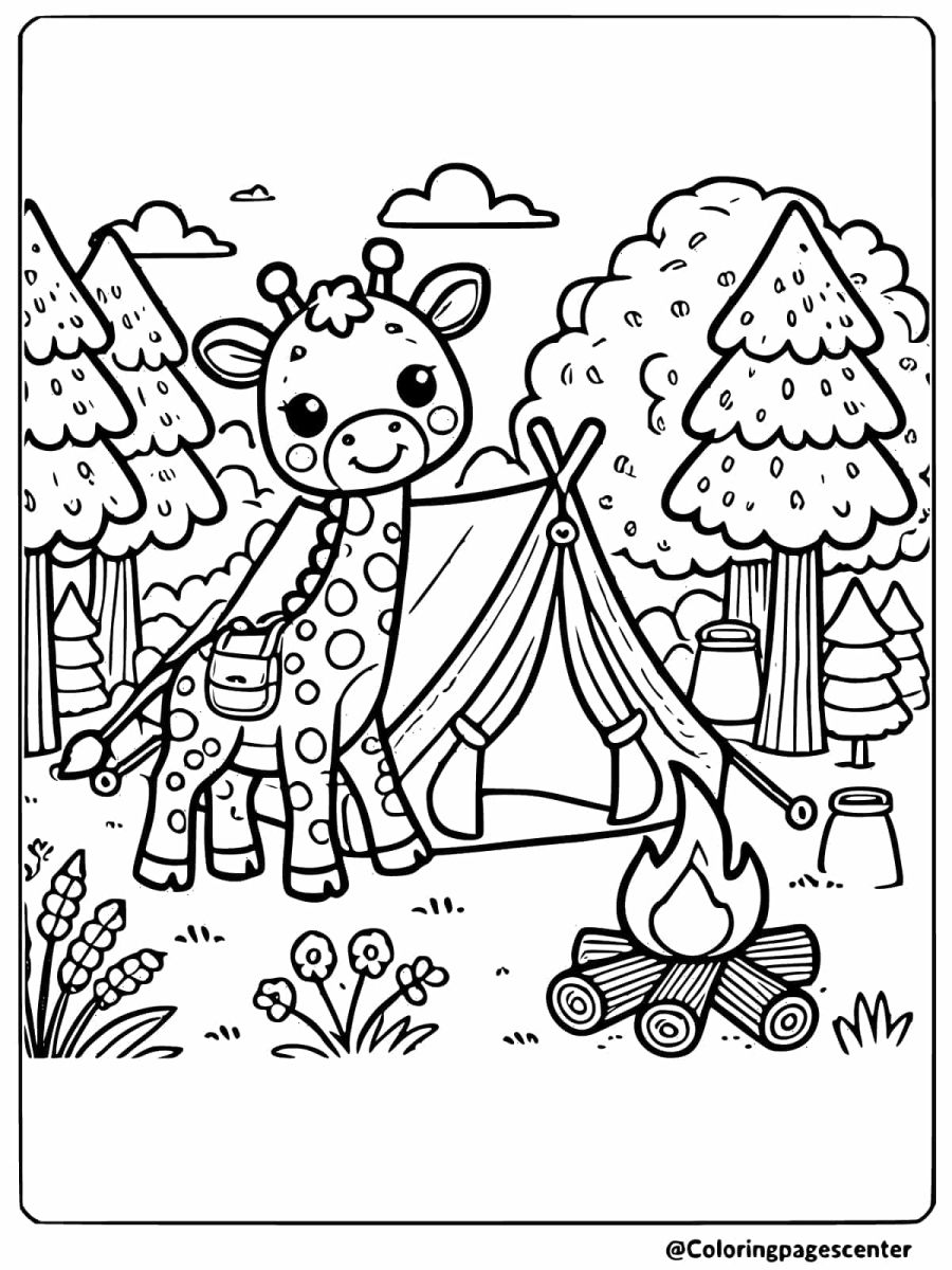 Coloring page of a cute giraffe setting up a tent at a campsite	Cute Giraffe Camping Coloring Page