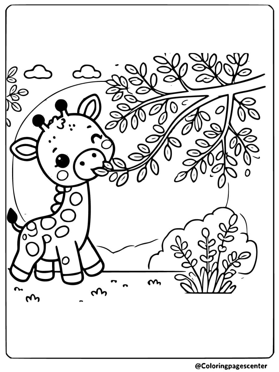 Coloring page of a cute giraffe munching on leaves from a tree