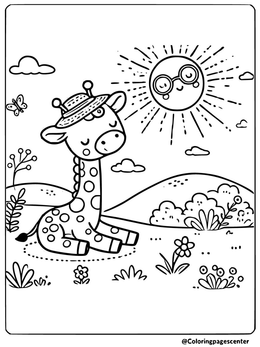 Coloring page of a cute giraffe sitting under the sun with sunglasses