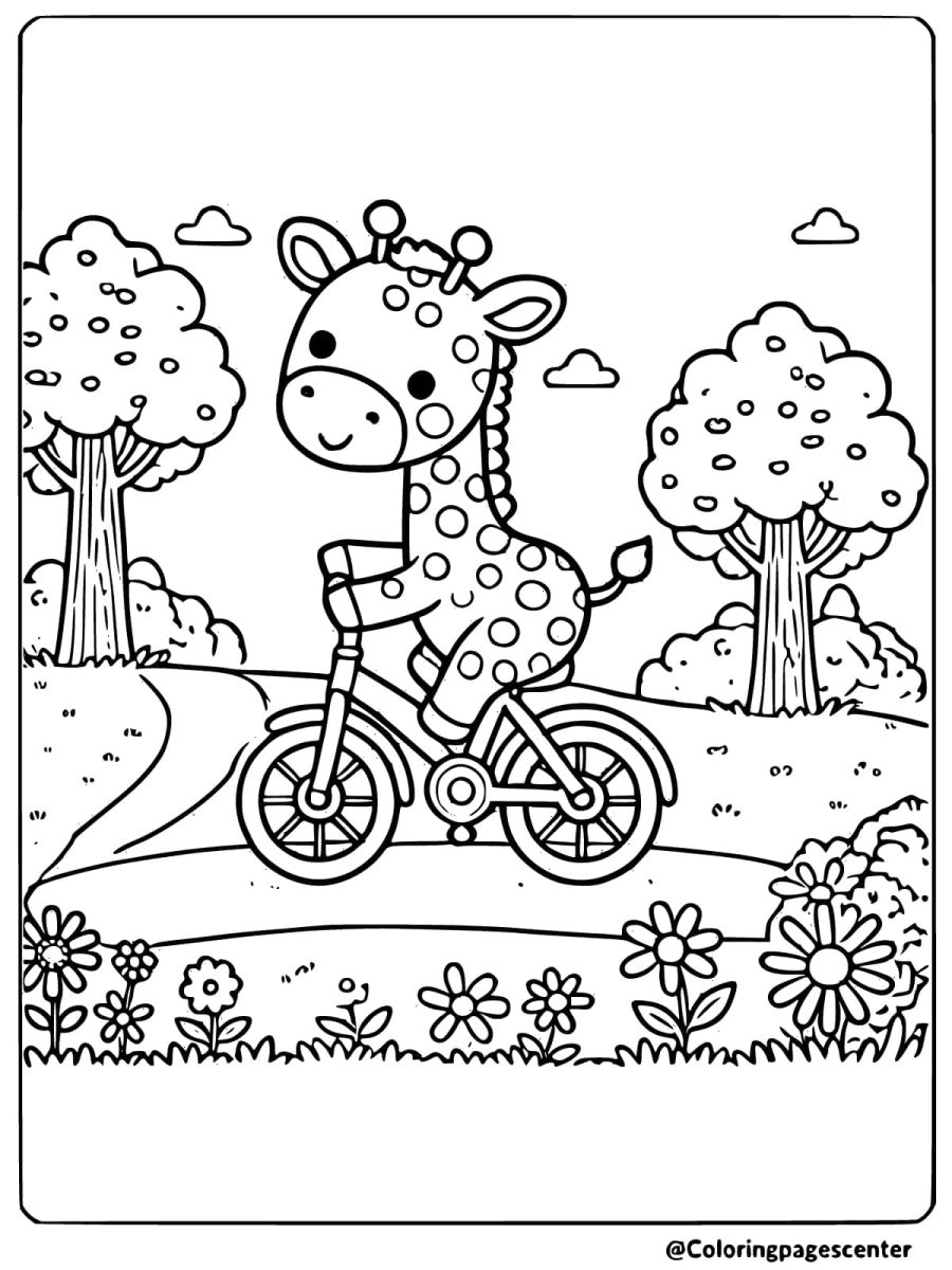 Coloring page of a cute giraffe happily riding a bicycle