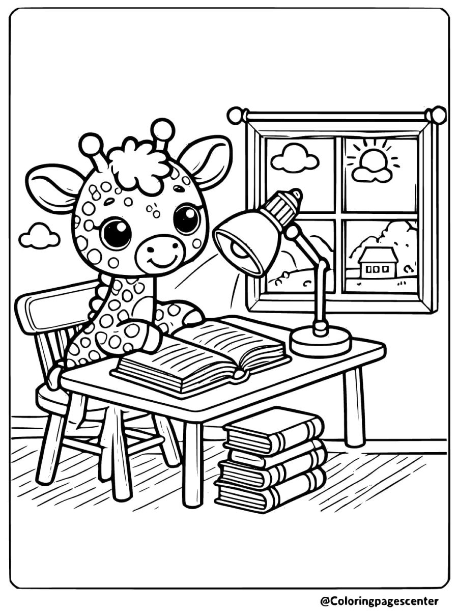 Coloring page of a cute giraffe reading books at a desk