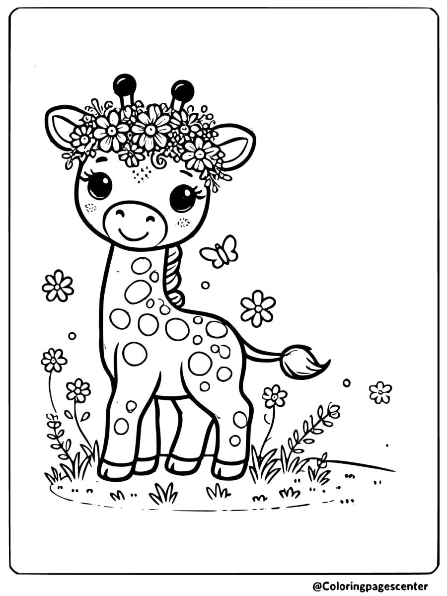 Coloring page featuring a cute giraffe with a flower crown