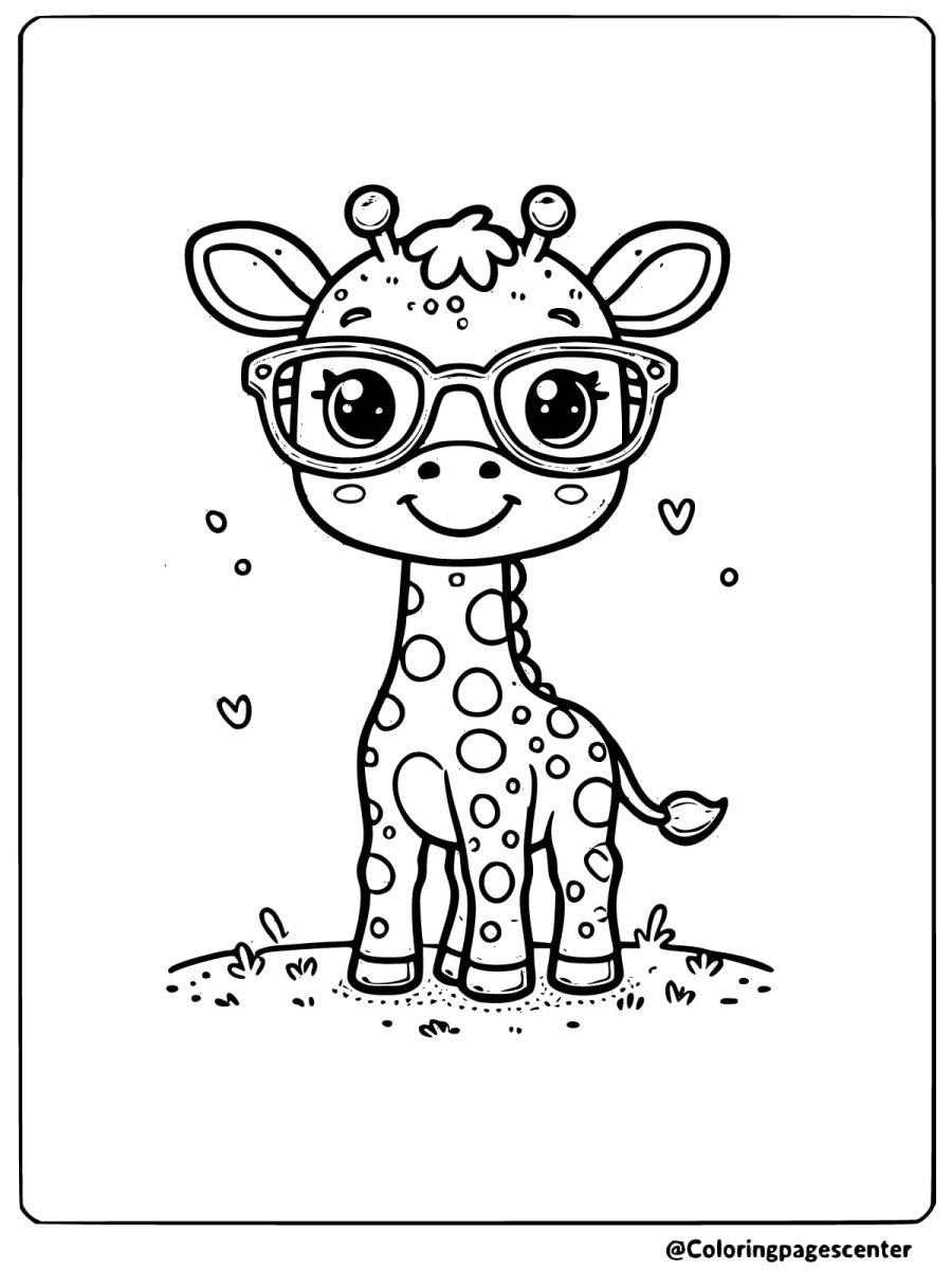 Coloring page of a cute giraffe wearing glasses