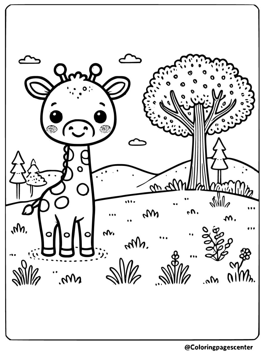 Coloring page of giraffe in a meadow