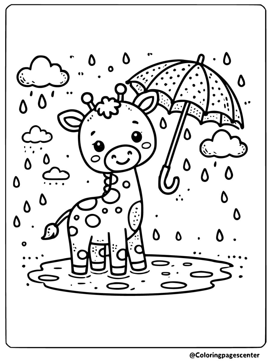 Coloring page of a cute giraffe holding an umbrella in the rain