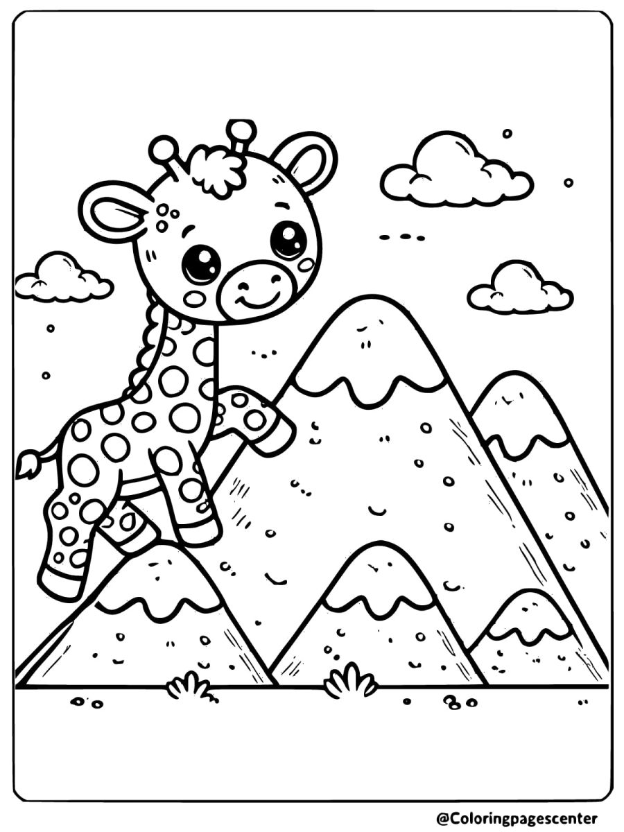 Coloring page of a cute giraffe in front of mountains