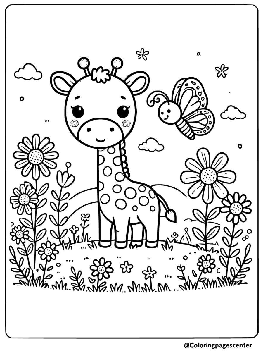 Coloring page of giraffe with butterfly in garden