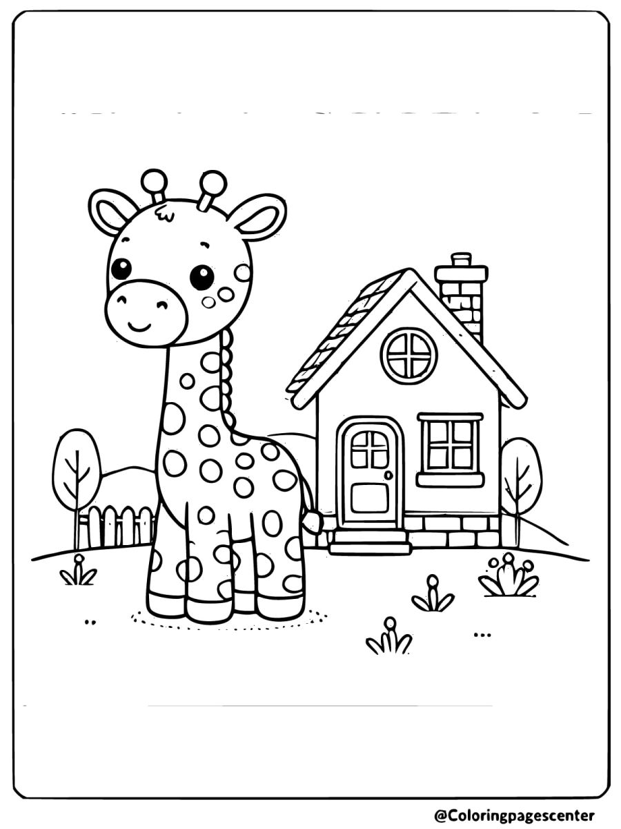 Coloring page of giraffe and house