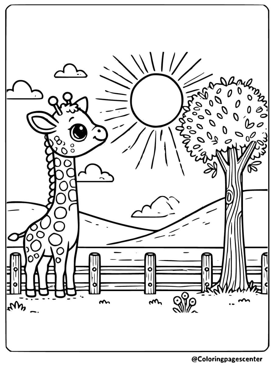 Coloring page of giraffe with sun shining