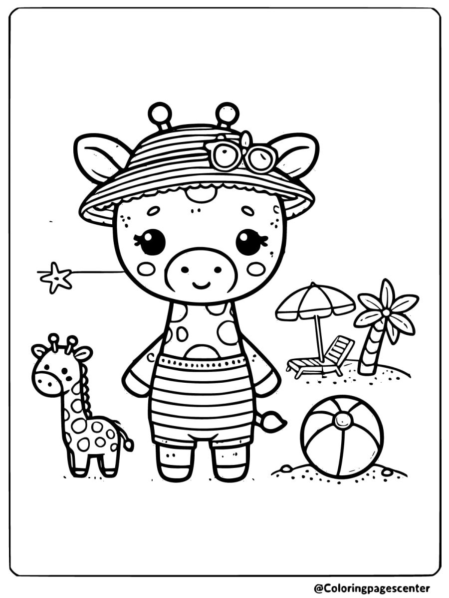 Giraffe at the beach with toys coloring page for kids