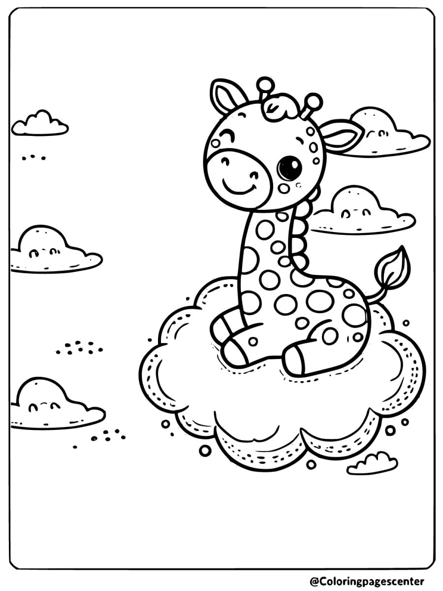 Giraffe sitting on a cloud coloring page for kids