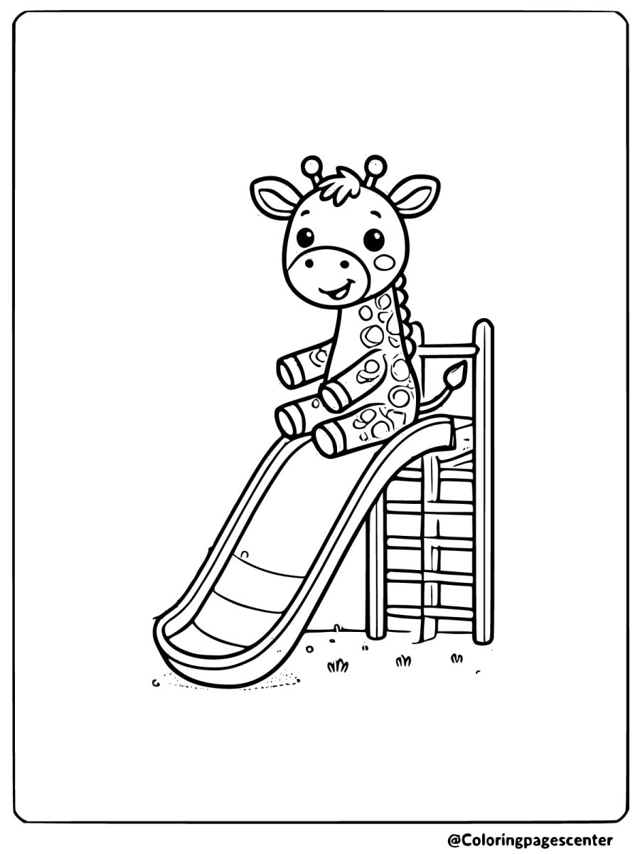 Giraffe enjoying a slide coloring page for kids