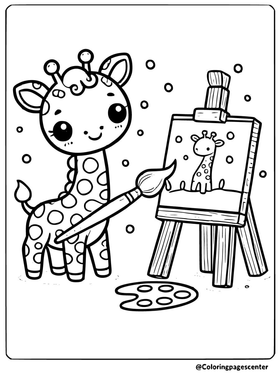 Cute giraffe painting on a canvas coloring page for kids