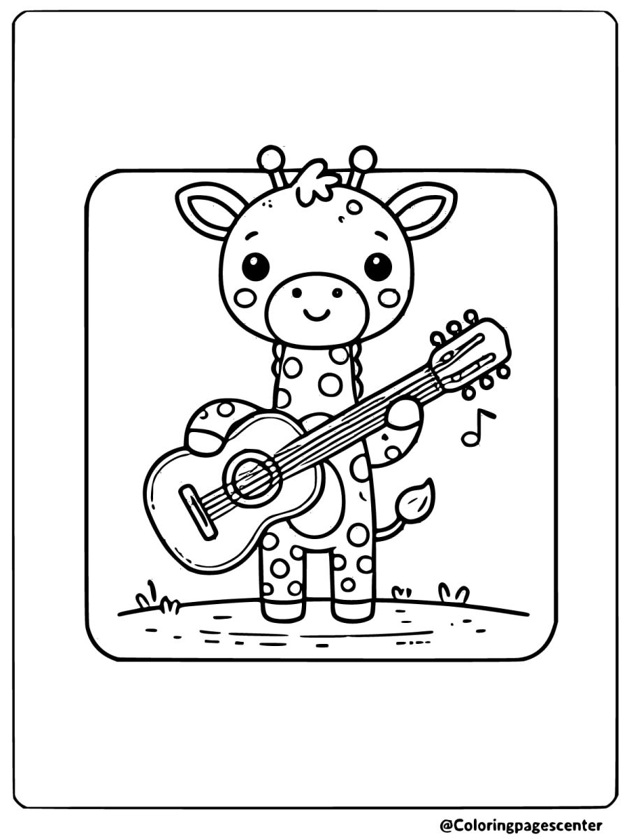 Adorable giraffe playing guitar coloring page for kids